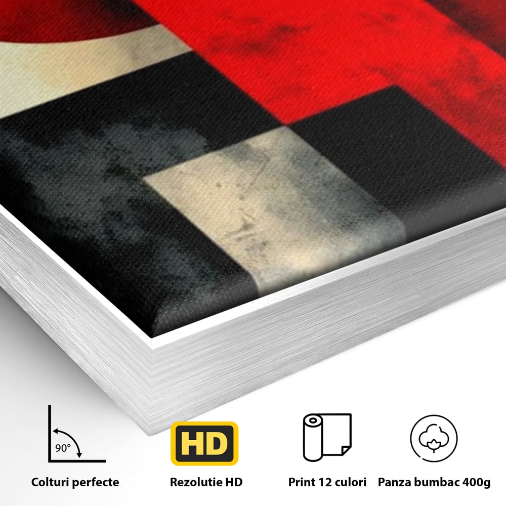 Detaliu al suprafetei: tablou abstract geometric cu soare rosu, in rama de aluminiu argintiu